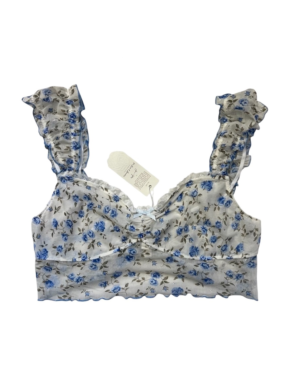 For Love And Lemons Blue Floral Lace-Trim Bralette - White & Blue